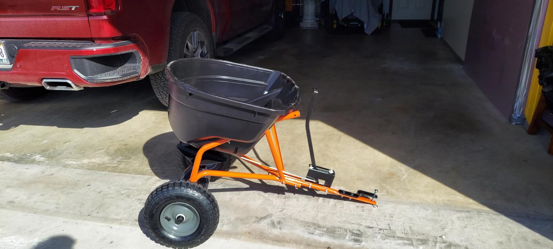 Agri-Fab Pull Behind Broadcast Spreader for Seed, Fertilizer, Salt and Ice Melt, 130 lb Hopper Capacity with Universal Hitch and 12 Ft Spread Width customer photo 2