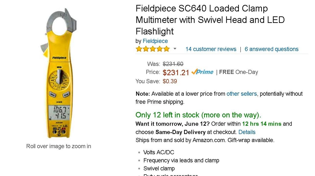 Fieldpiece SC640 Swivel Clamp Meter with Dual Display, Inrush Current, LED Jaw Flashlight and Backlit Display - HVAC Tools customer photo 2