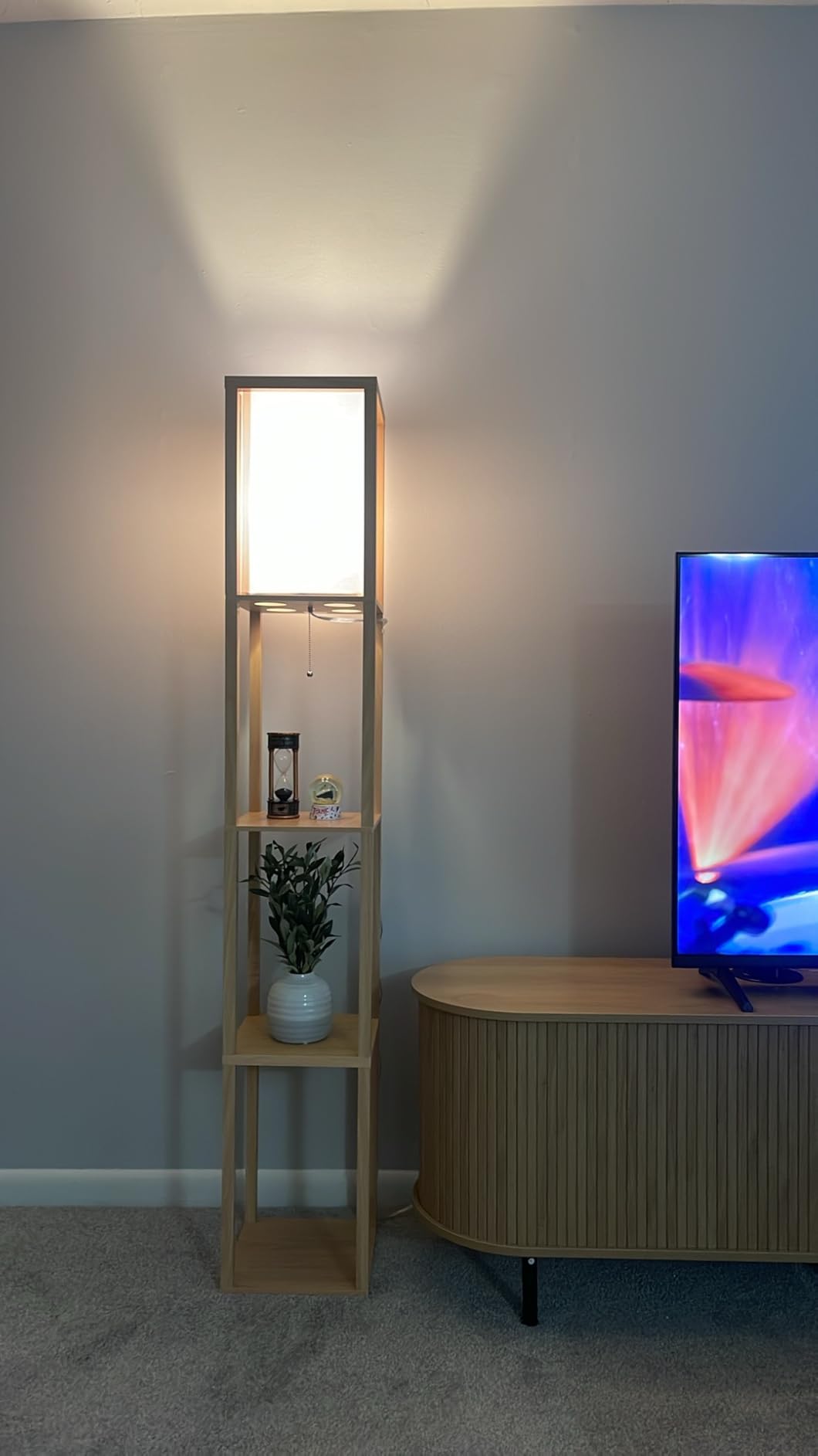 Brightech Maxwell - Modern Shelf Floor Lamp with Lamp Shade & Warm White LED Bulb, Corner Display Floor Lamp with Shelves for Living Room, Bedroom, Nightstand Office, Home Decor Storage - Natural Wood customer photo 1