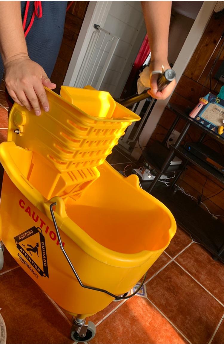 Amazon Basics Commercial Side Press Wringer Floor Cleaning Mop Bucket on Wheels, 35-Quart, Yellow customer photo 2