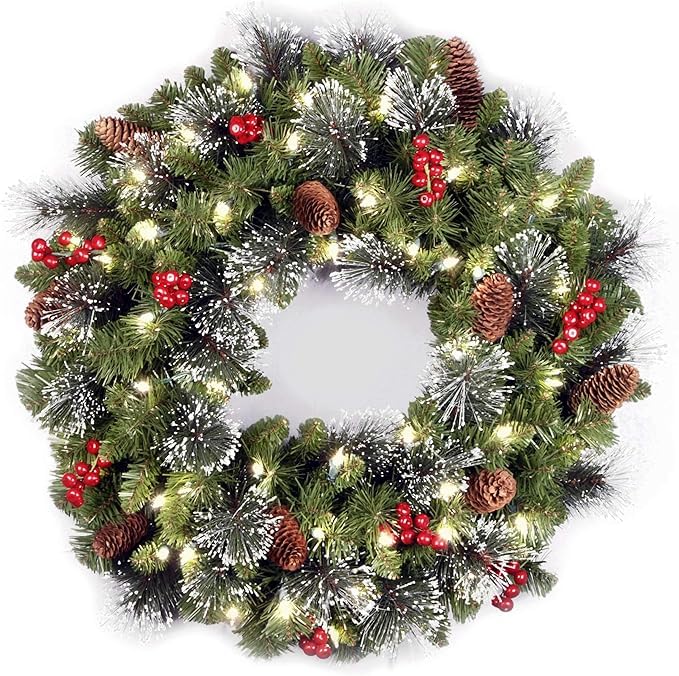 National Tree Company 30 in Pre-Lit Crestwood Spruce Artificial Christmas Wreath, Christmas Decoration with Glitter, Pinecones, Red Berries, 70 Clear LED Lights, 200 Tips, Timer, Green customer photo 2