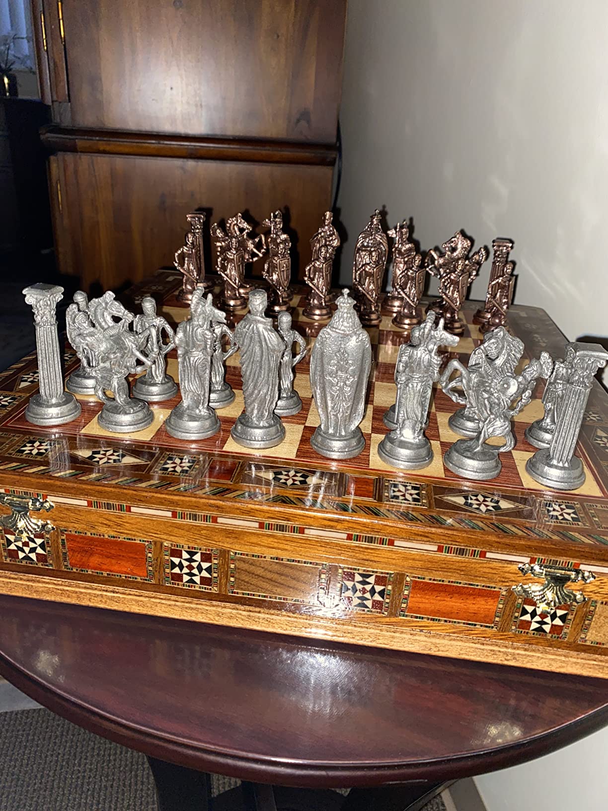 Egypt Pharaoh Antique Copper Figures Metal Chess Set for Adults Handmade Pieces and Natural Solid Wooden Chess Board with Pearl Design Around Board and Storage Inside customer photo 2