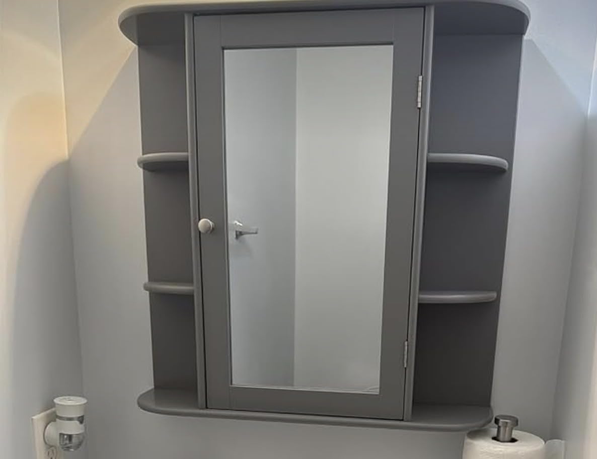 Tangkula Bathroom Medicine Cabinet with Mirror, Modern Wall Mounted Space-Saving Storage Organizer with Mirrored Door, 4 Internal Shelves & 6 Open Side Shelves (White) customer photo 1
