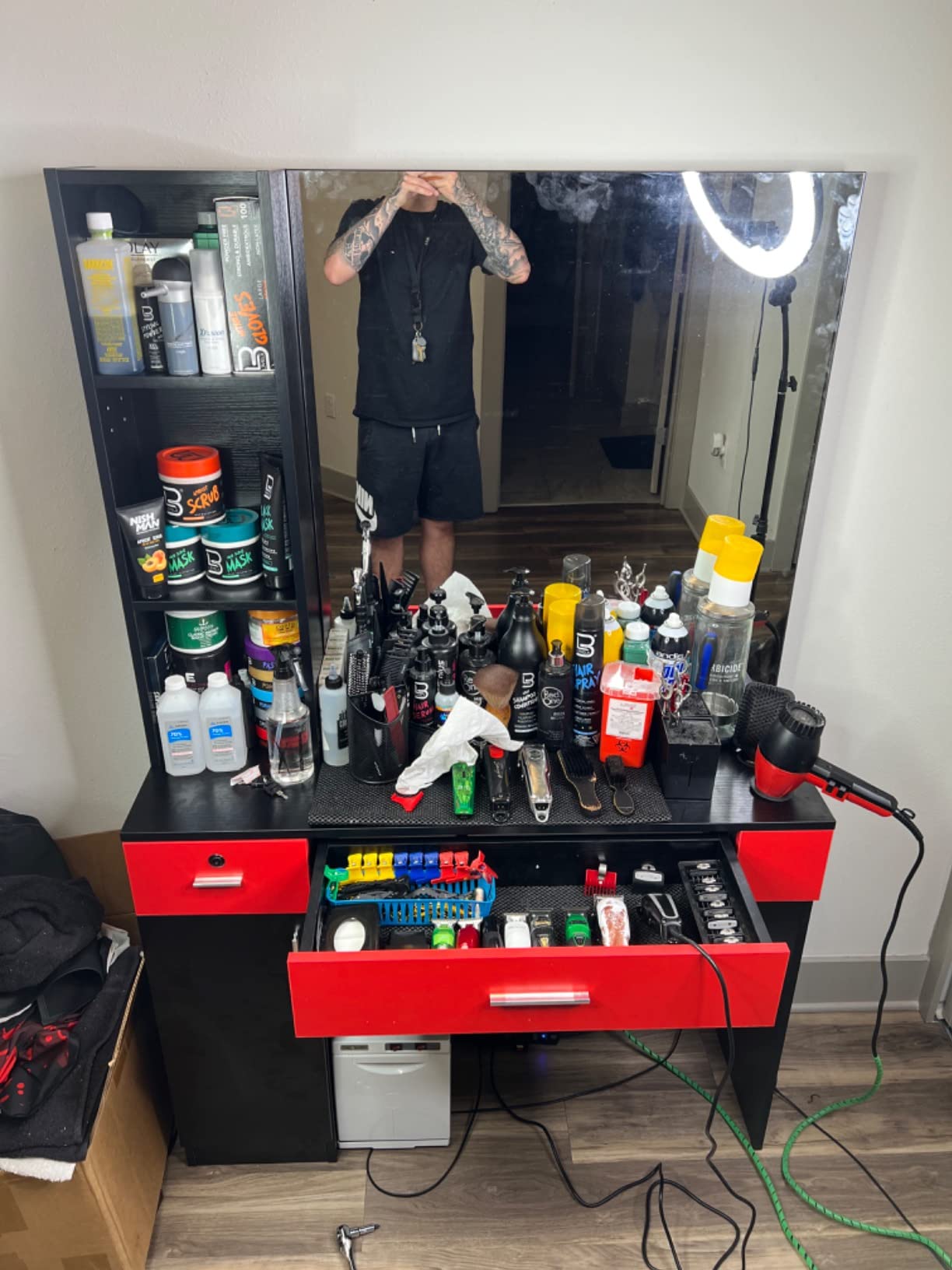 Artist hand Wall Mount Salon Station Barber Stations Styling Station Barber Beauty Spa Salon Equipment Set with Mirror,Left Shelf (Black) customer photo 2