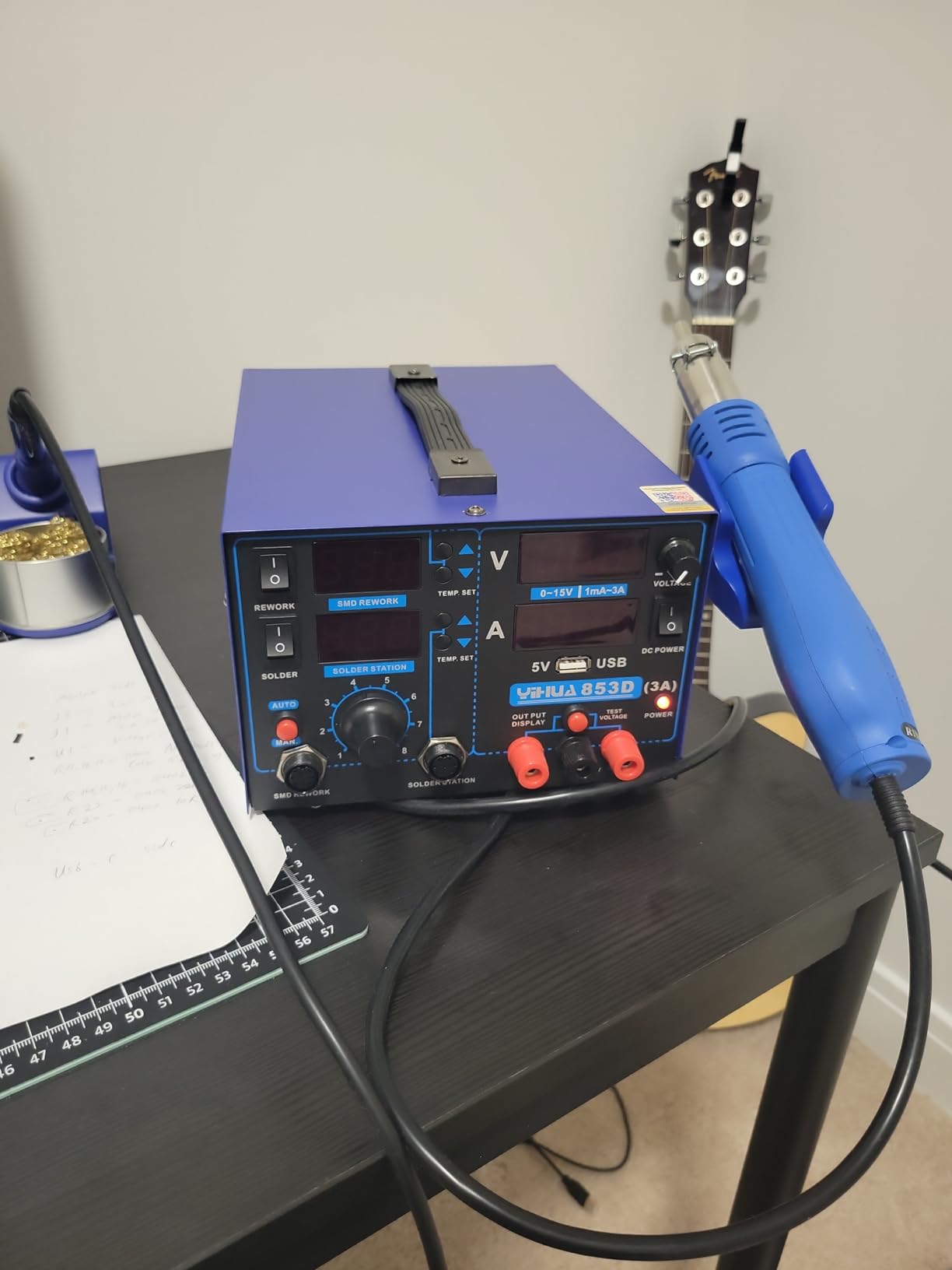 YIHUA 853D USB 3A-Three Tools- Soldering Station, Hot Air Rework Station and Power Supply 0~3A, 0-15V with output and test modes. Also ºC/°F display, Digital Cal, Sleep Function customer photo 1