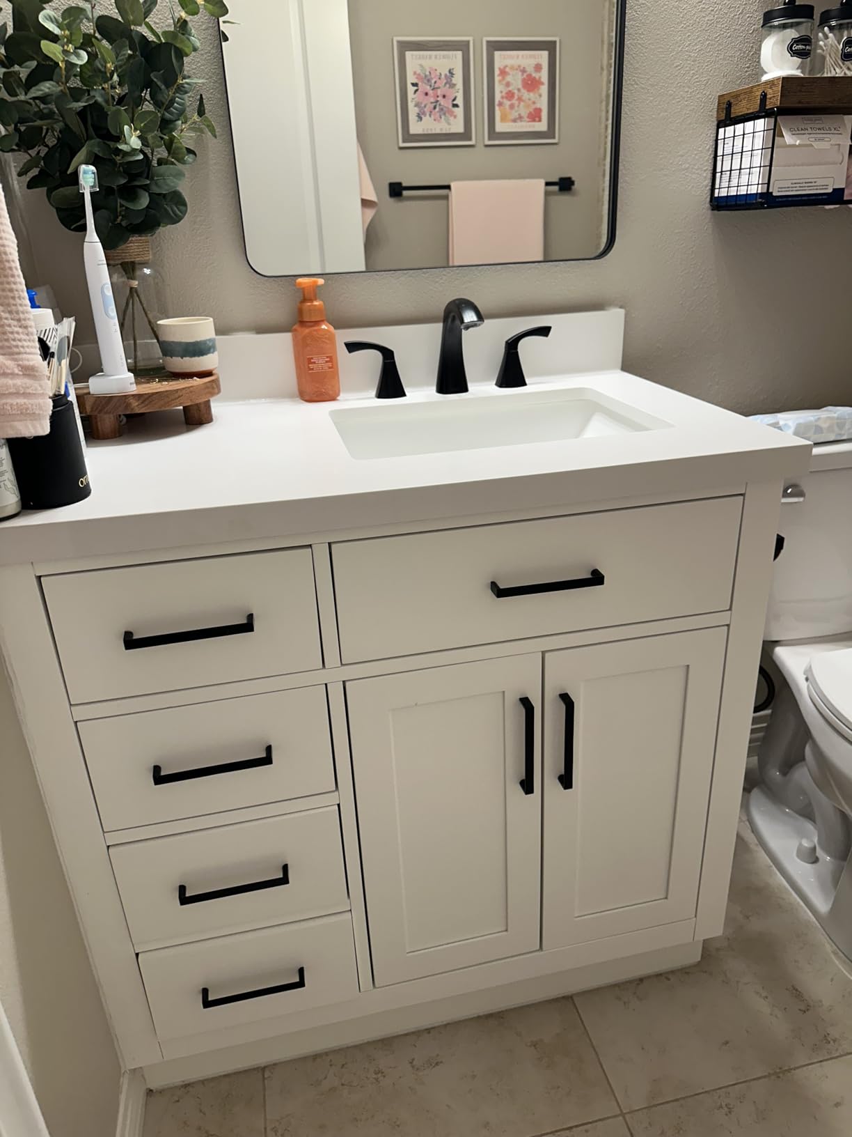 ARIEL Hepburn 36-inch Bathroom Vanity with Sink, Solid Wood, 1.5-inch Pure White Quartz Countertop, Single Rectangular Porcelain Sink, 2 Soft Closing Doors, 5 Dovetail Drawers, Midnight Blue customer photo 1