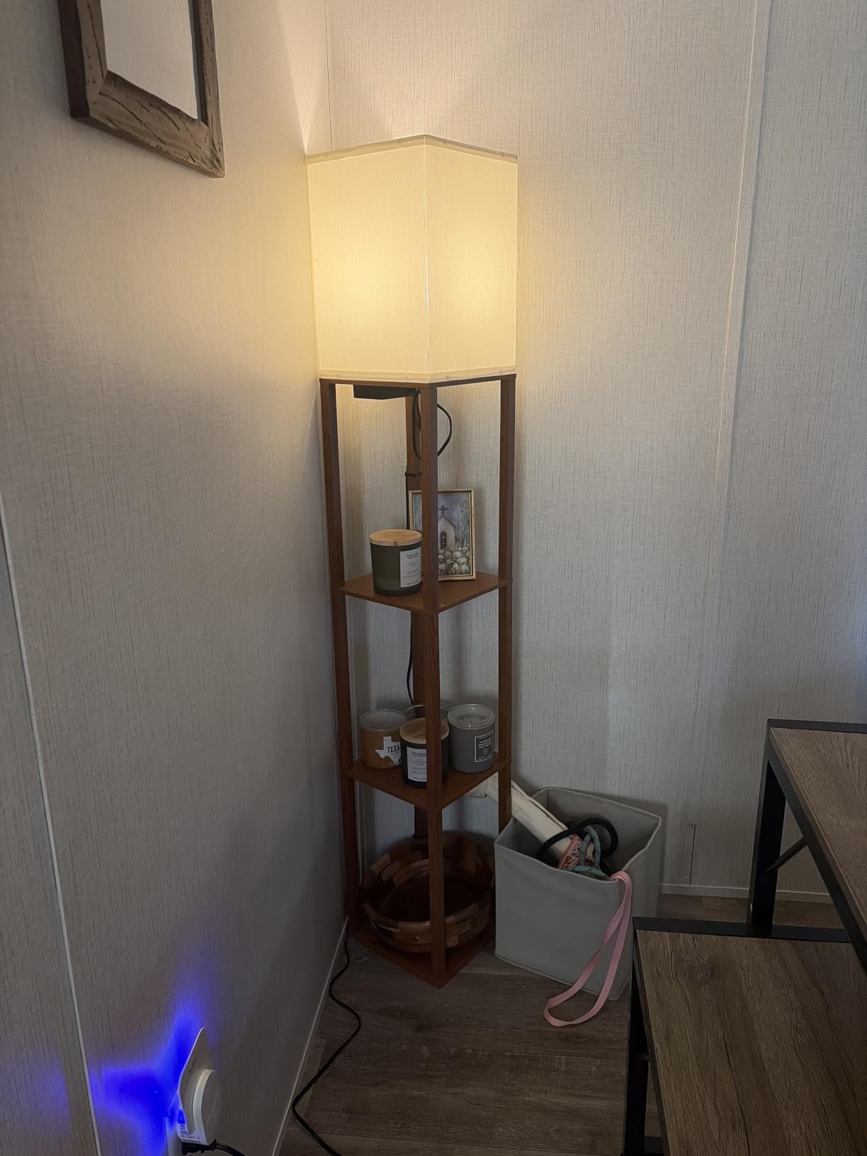 Floor Lamp with Shelves for Living Room, Shelf Floor Lamp with 3 CCT LED Bulb, Corner Display Standing Column Lamp Etagere Organizer Tower Nightstand with White Linen Shade for Bedroom, Office customer photo 1