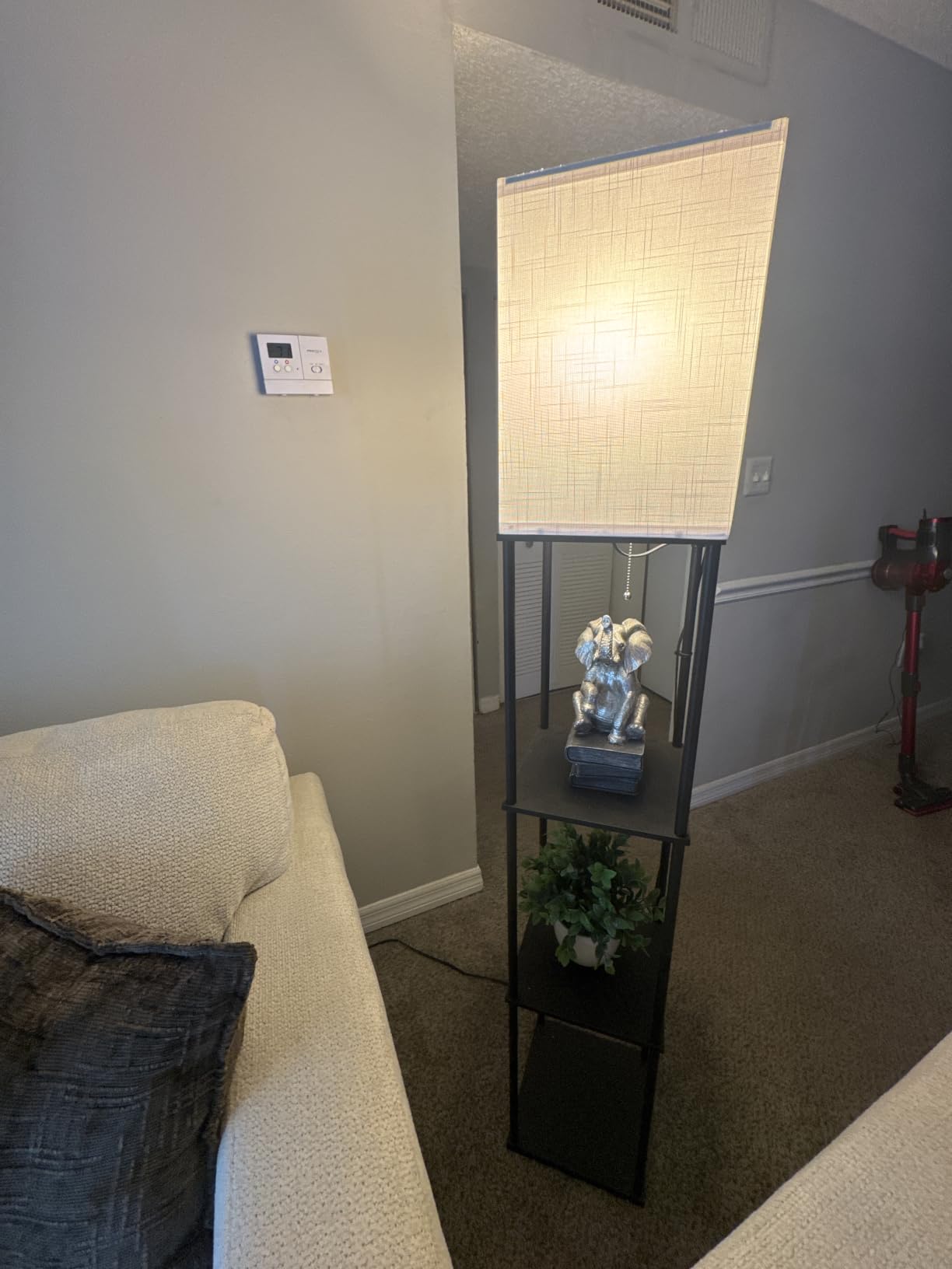 Floor Lamp with Shelves for Living Room Brown, Shelf Floor Lamp with 3 CCT LED Bulb, Corner Display Standing Column Lamp Etagere Organizer Tower Nightstand with White Linen Shade for Bedroom customer photo 2