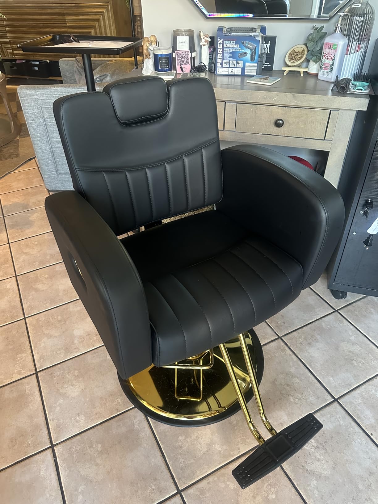 Black & Gold Reclining Salon Chair - All Purpose Hydraulic Barber Chair with Removable Headrest - Comfortable Styling Chair for Makeup, Lash, Tattoo, Braiding & Shaving, 440 lbs Cap. customer photo 2