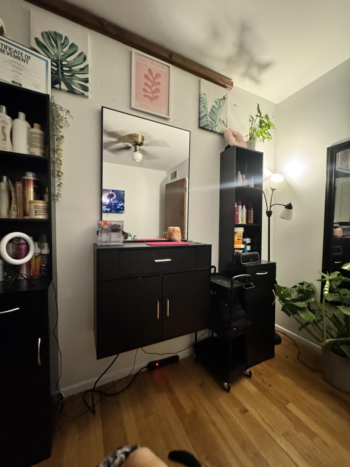 OmySalon Wall Mount Salon Station with Mirror, Hair Styling Barber Station, Beauty Salon Spa Equipment with 1 Drawer, 1 Storage Cabinet, 2 Hair Dryer Holders, Black customer photo 1