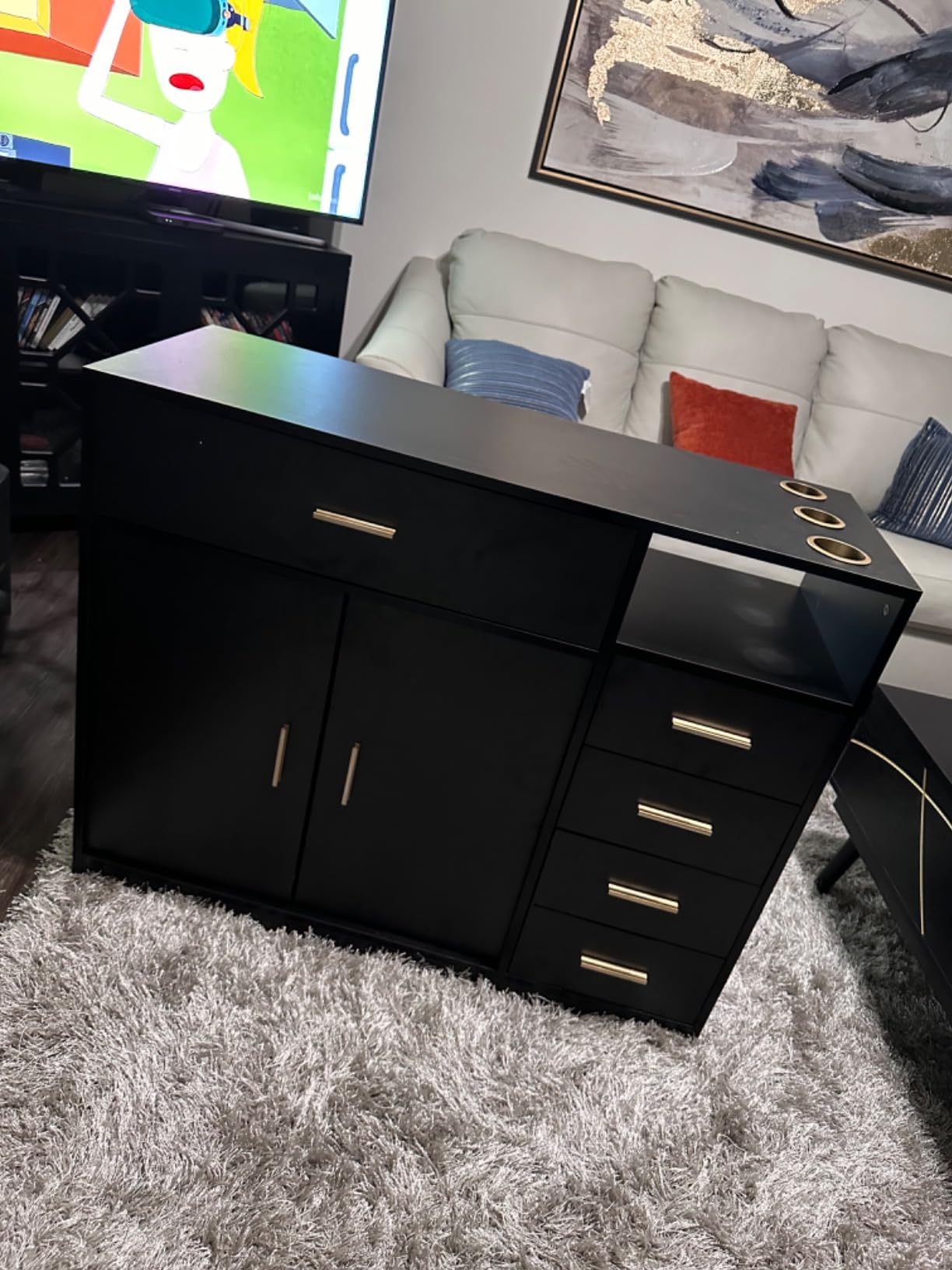 OmySalon Salon Station Free Standing Cabinet, Barber Hair Styling Stations, Beauty Spa Equipment with 5 Drawers, 1 Storage Cabinet, 3 Hair Dryer Holders, Black customer photo 2