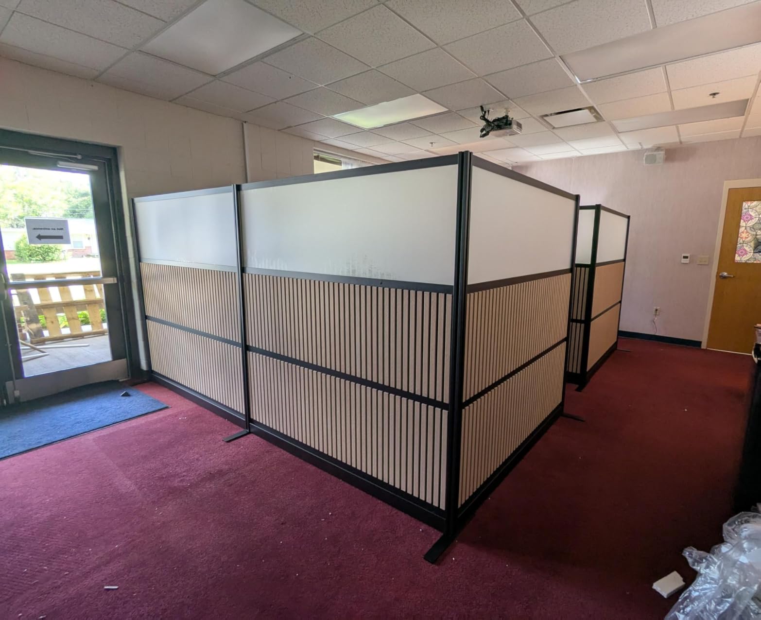 Room Divider for Office Privacy - Modular Freestanding Acoustic Office Partition with PET Sound Dampening Panels and Faux-Wood Slats, 70