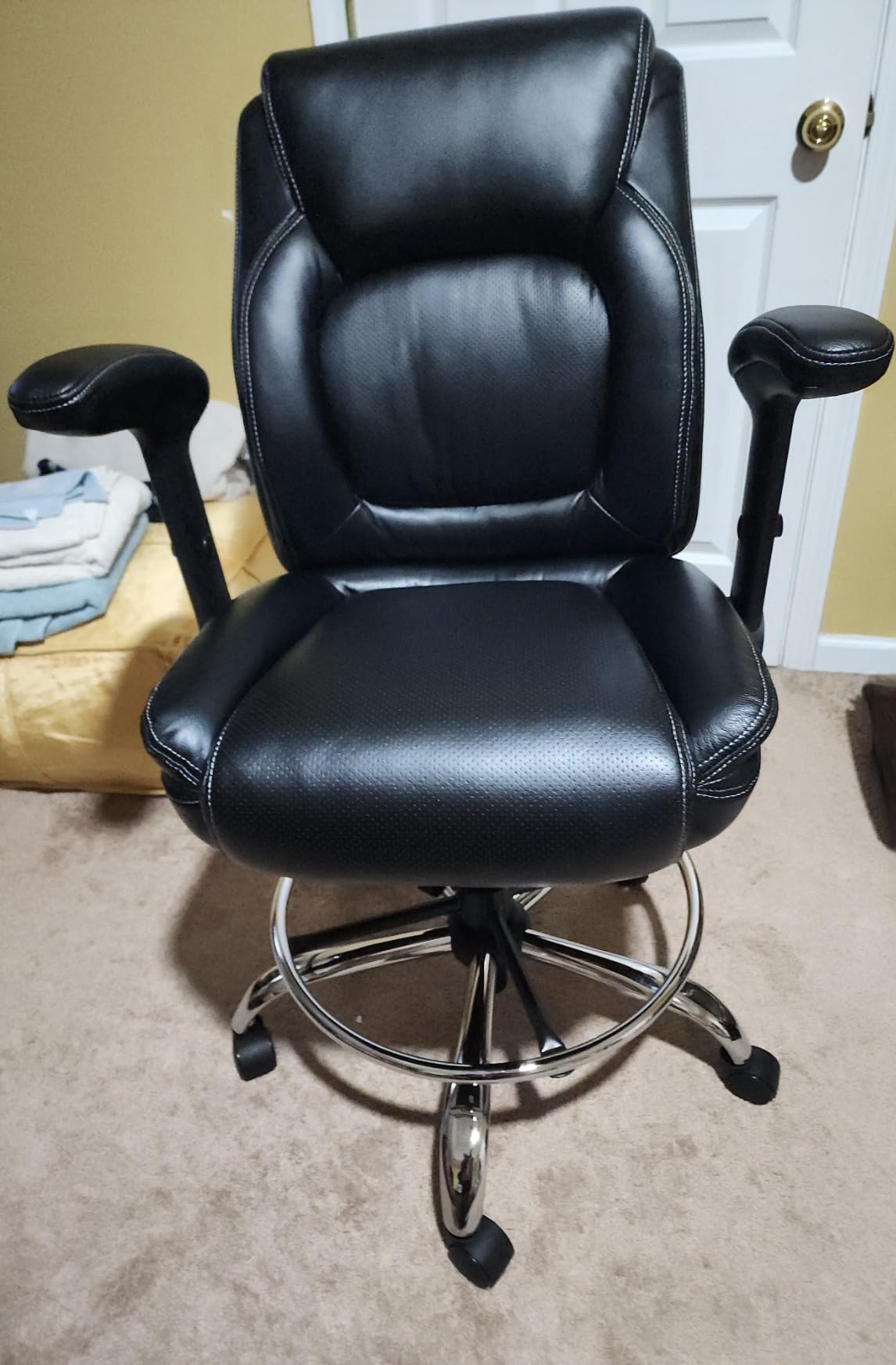 Ergonomic Mid-Back Premium Faux Leather Adjustable Drafting Chair with Multi-Function Arms and Foot Ring, Standing-Desk Matched Tall Swivel Computer Office Stool, Black customer photo 1