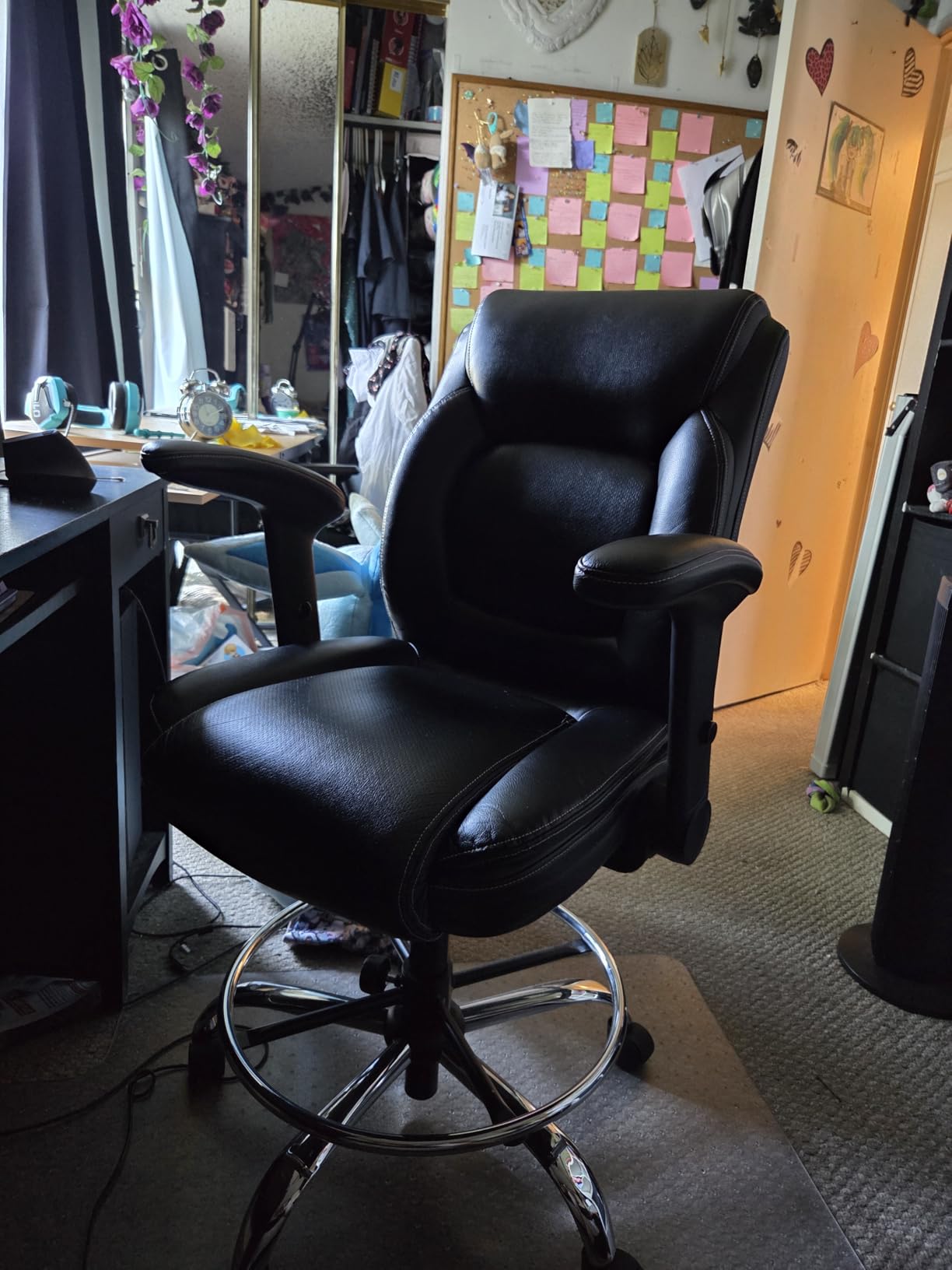 Ergonomic Mid-Back Premium Faux Leather Adjustable Drafting Chair with Multi-Function Arms and Foot Ring, Standing-Desk Matched Tall Swivel Computer Office Stool, Black customer photo 2