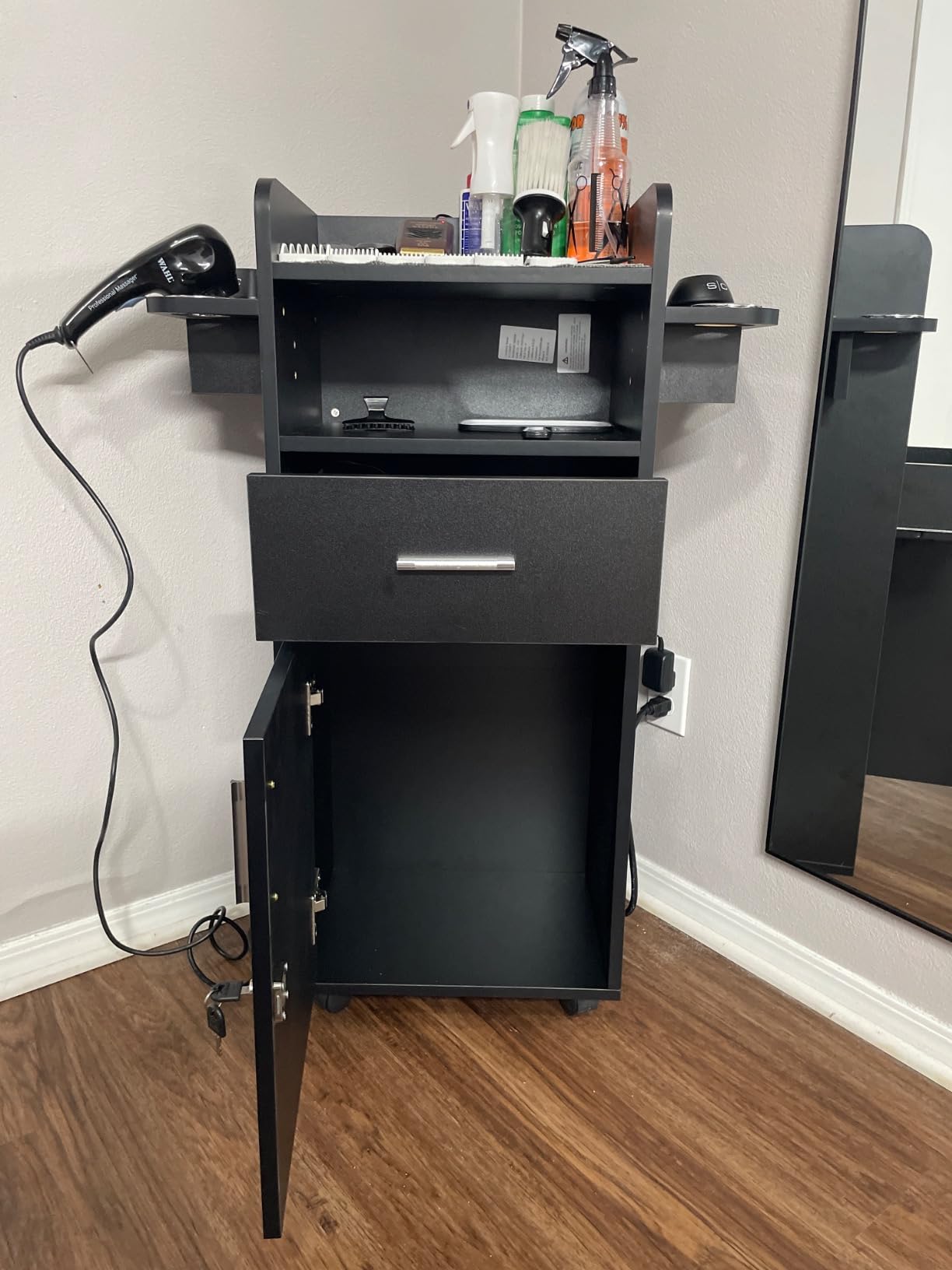 Beauty Salon Trolley Cart with 6 Tool Holders, 1 Drawer | Lockable Salon Cabinet with 360° Wheels, Mobile Salon Station Rolling Cart for Hair Stylist Beauty Spa Barbershop customer photo 2