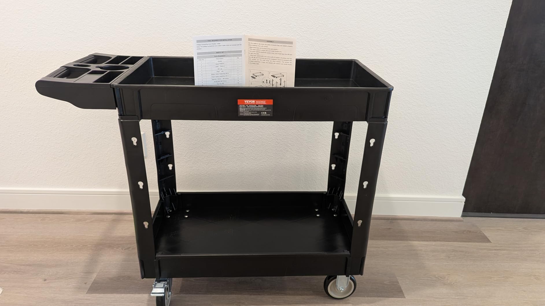 VEVOR Utility Service Cart, 2 Shelf 550LBS Heavy Duty Plastic Rolling Utility Cart, Medium Lipped Shelf, 360° Swivel Wheels, Ergonomic Storage Handle for Warehouse Garage, Black customer photo 1