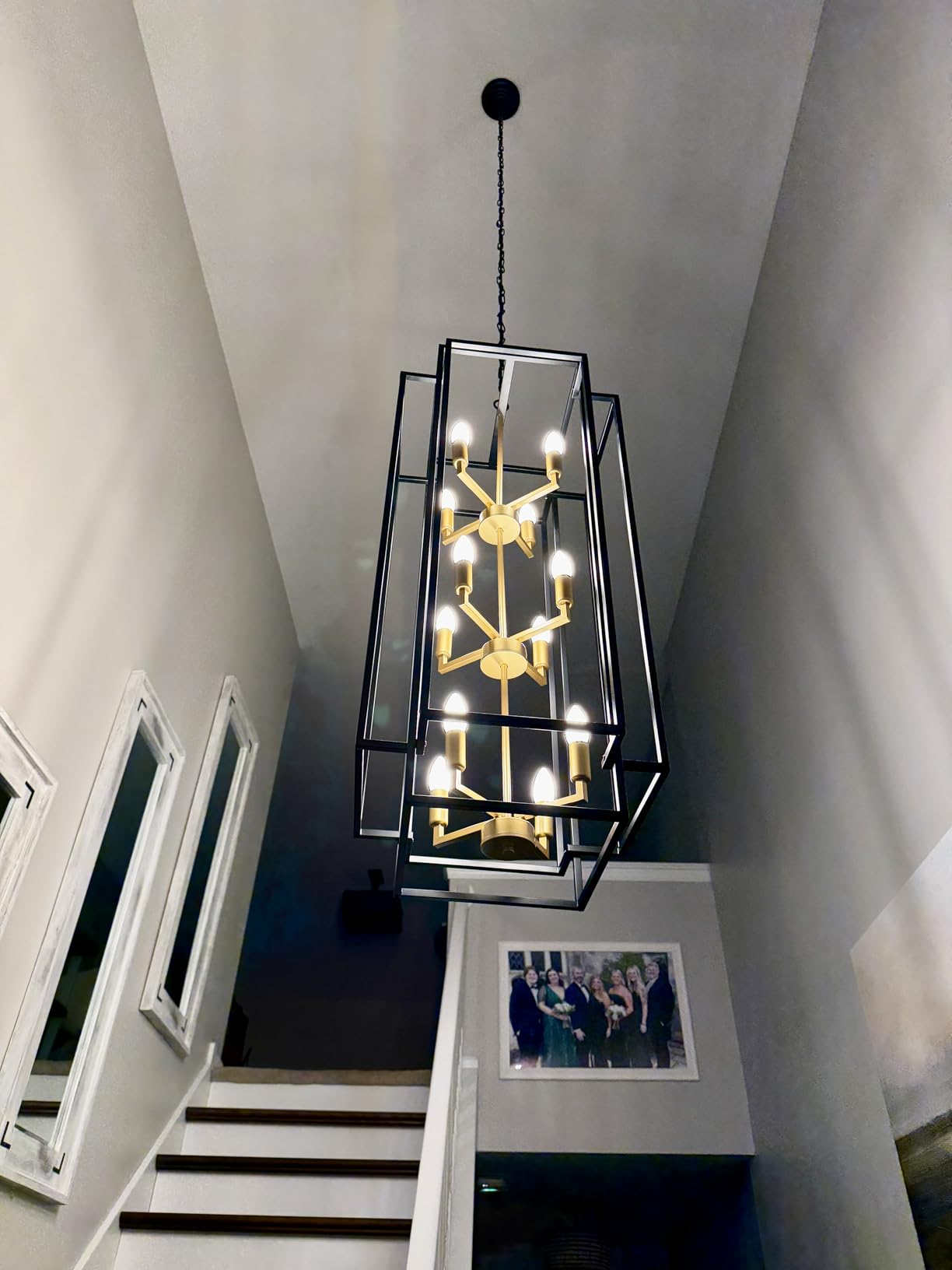 8-Light Lantern Tiered Pendant Light Fixtures, Black Metal Farmhouse Chandelier Hall Foyer Hanging Chandelier for Kitchen Island Dining Room Living Room Foyer Entryway, Black customer photo 1