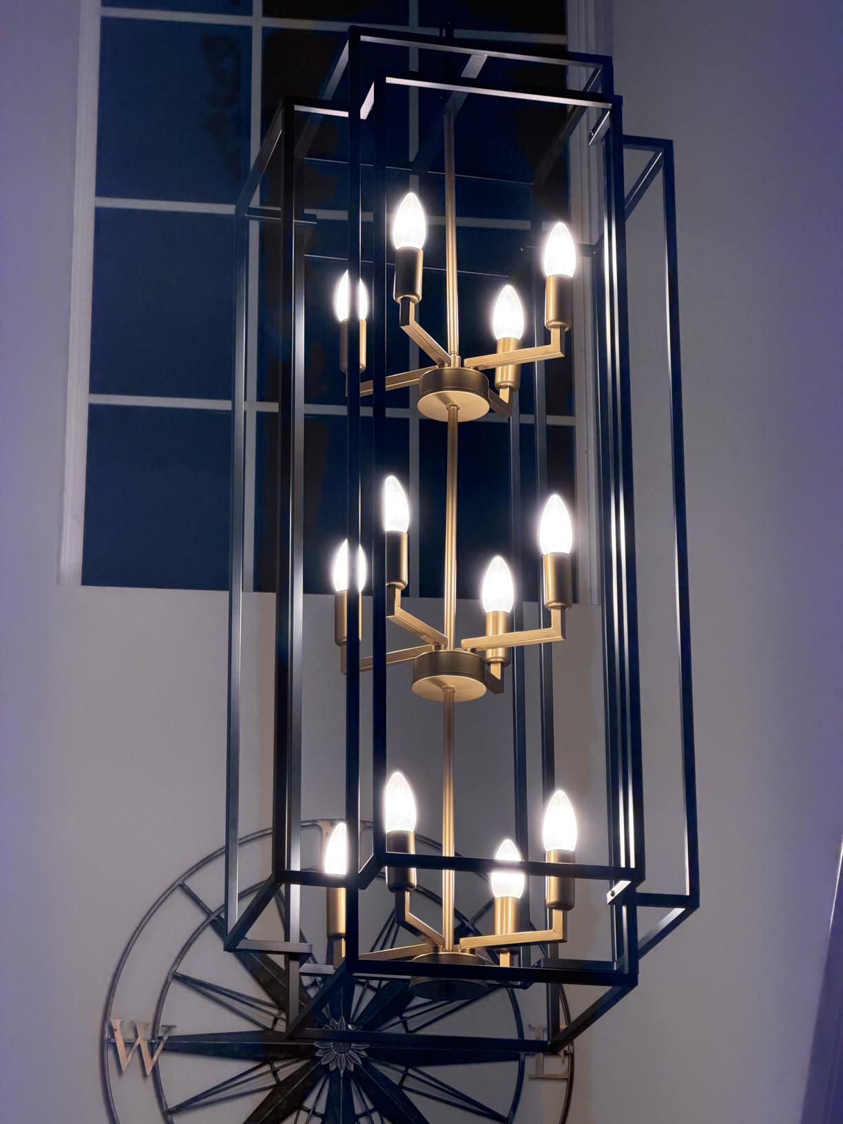 8-Light Lantern Tiered Pendant Light Fixtures, Black Metal Farmhouse Chandelier Hall Foyer Hanging Chandelier for Kitchen Island Dining Room Living Room Foyer Entryway, Black customer photo 2
