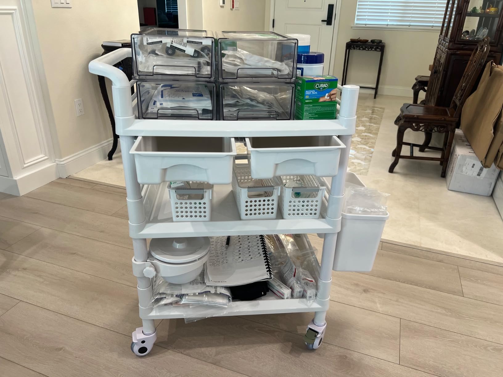 VEVOR Medical Mobile Trolley Cart with 2 Drawers & 3 Trash Cans, 3 Tiers Beauty Salon Rolling Trolley with 4 Silent Wheels & 2 Dirts Bucket & Bowl, Medical Utility Cart for Hospital Dental Clinic Lab customer photo 1