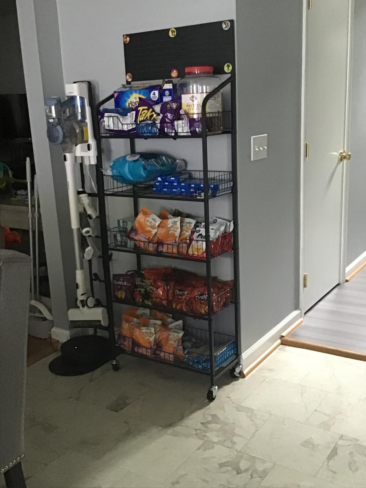 5 Tier Supermarket Snack Rack Display Stand, Free-Standing Black Retail Display Shelves with 12 Hooks & 4 Wheels, Large Metal Snack Shelf for Store Business customer photo 2