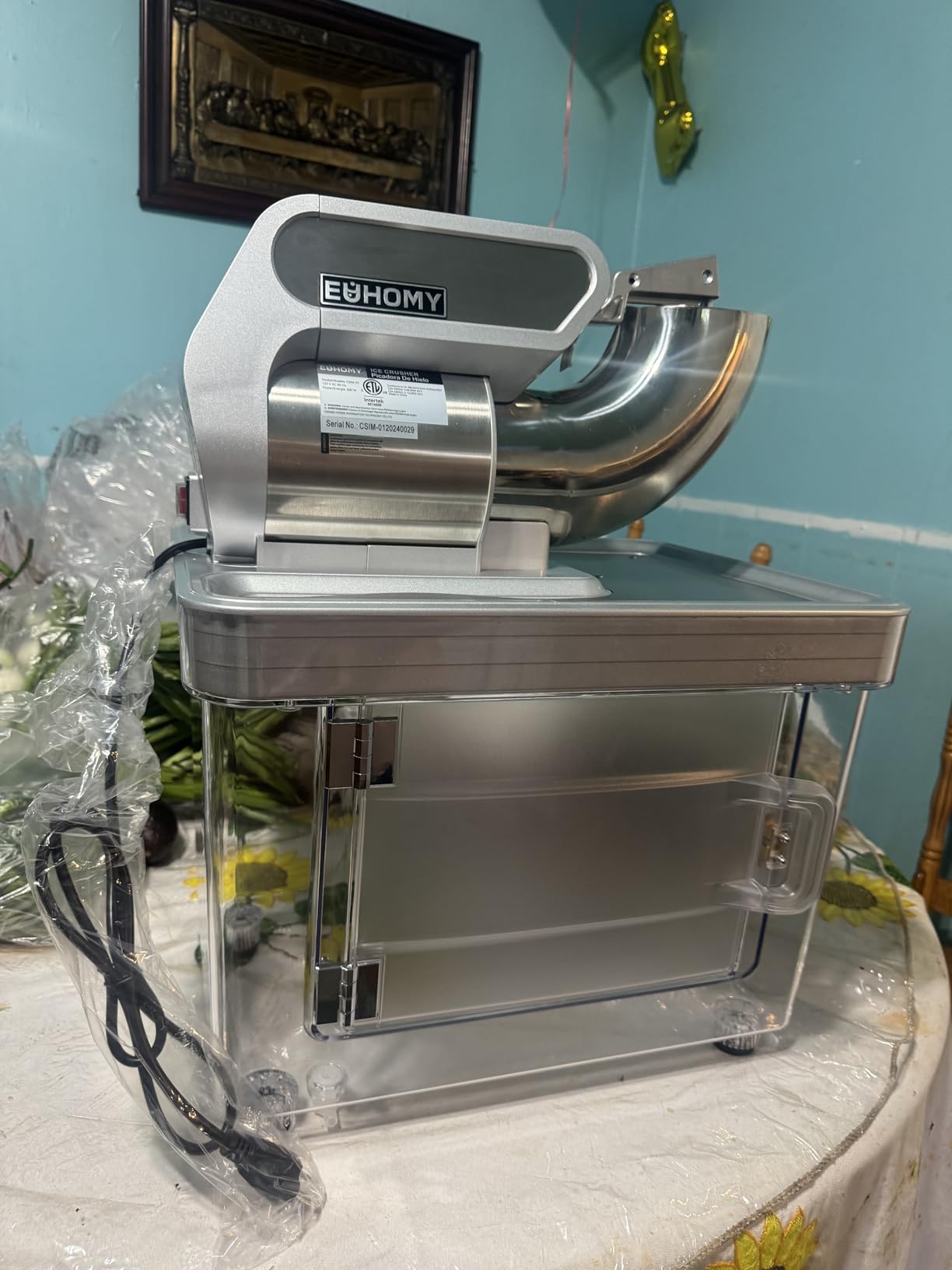 EUHOMY Snow Cone Machine, 661 Lbs/H Commercial Shaved Ice Machine with 48L Large Capacity, 300W Electric Ice Shaver with Dual Blades, ETL Certified Snow Cone Maker for Home & Commercial Use (Silver) customer photo 1