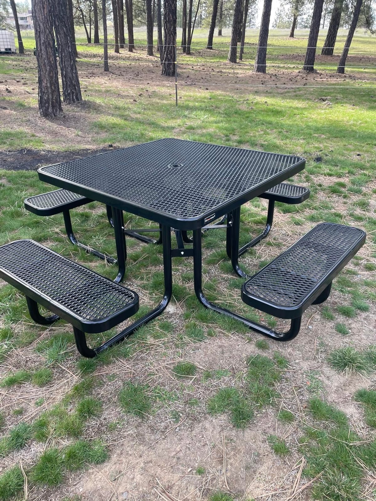 Commercial Metal Picnic Table (Black, 46in Square, Expanded Steel) | ADA Compliant Convertible, Heavy-Duty, Adjustable Seats, Umbrella Hole, Thermoplastic Coated, Weather Resistant customer photo 1