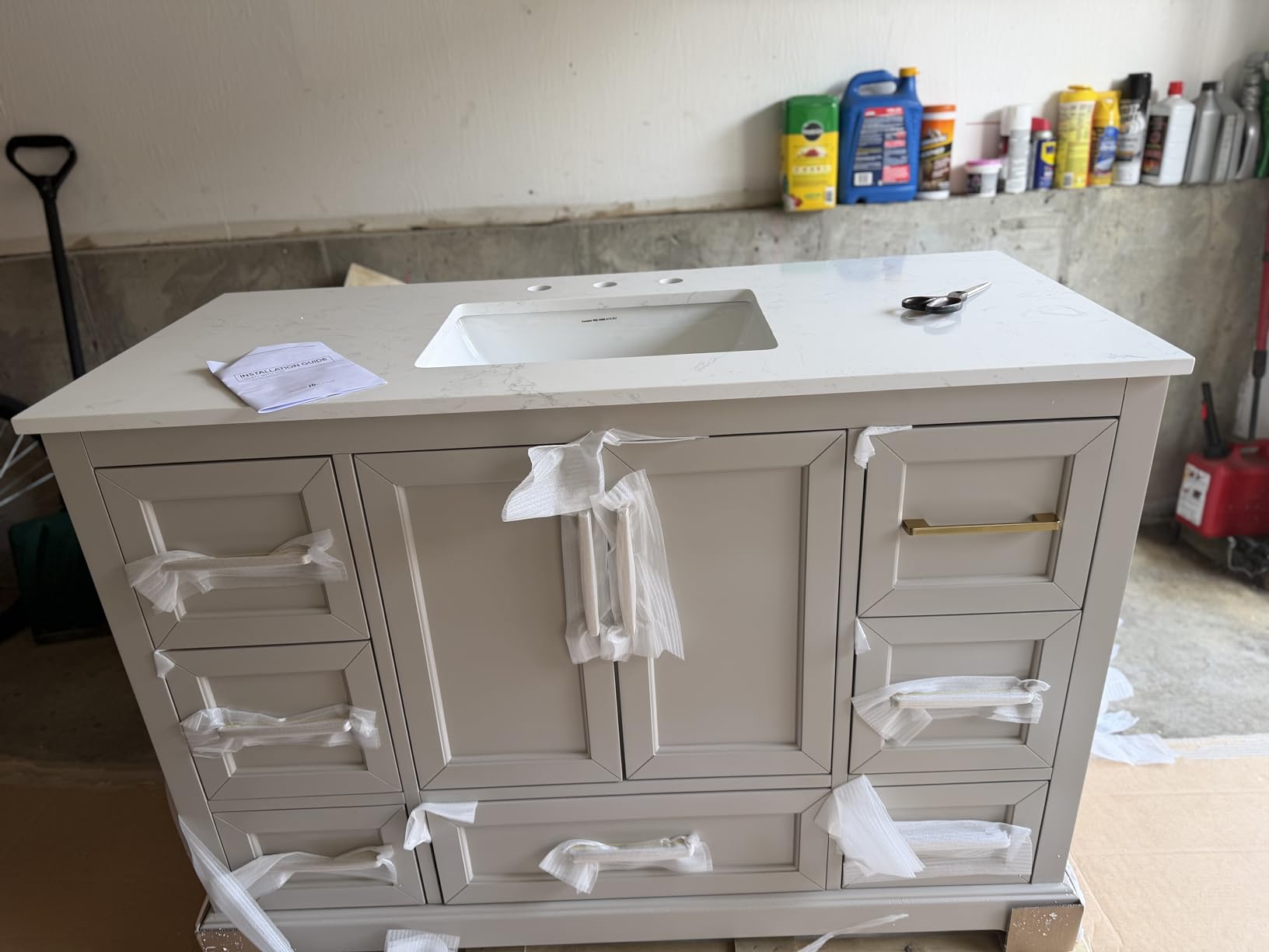 60 Inch Bathroom Vanity with Double Sink, Warm Elm | Fully Assembled Solid Wood Frame Vanity with Engineered Stone Countertop, 3 Soft-Close Drawers, 4 Doors and Adjustable Feet customer photo 2