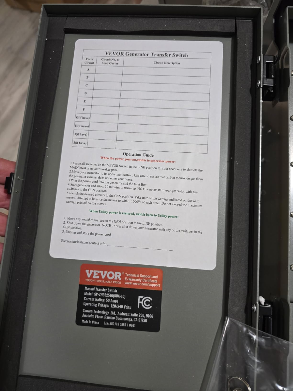 VEVOR Manual Transfer, 50-Amp 10-Circuit, Prewired Generator Transfer Kit with CS6375 Plug Power Inlet Box, Double-Throw, NEMA 3R, Mechanical Watt Meter, for 12500W Generators customer photo 2