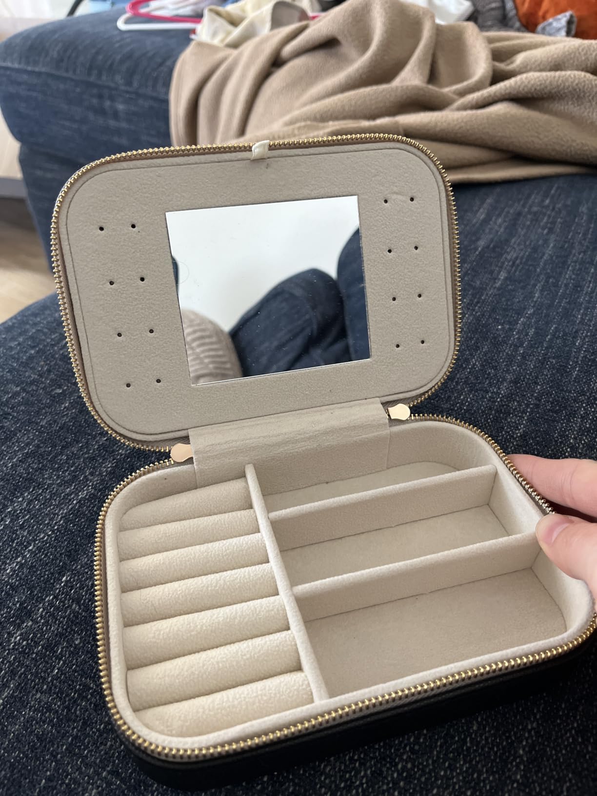 Genuine Leather Travel Jewelry Organizer Case with Mirror for Women, Small Mini Portable Jewelry Box for Ring Earrings Necklace Bracelet Luxury Gift (Cyan) customer photo 2