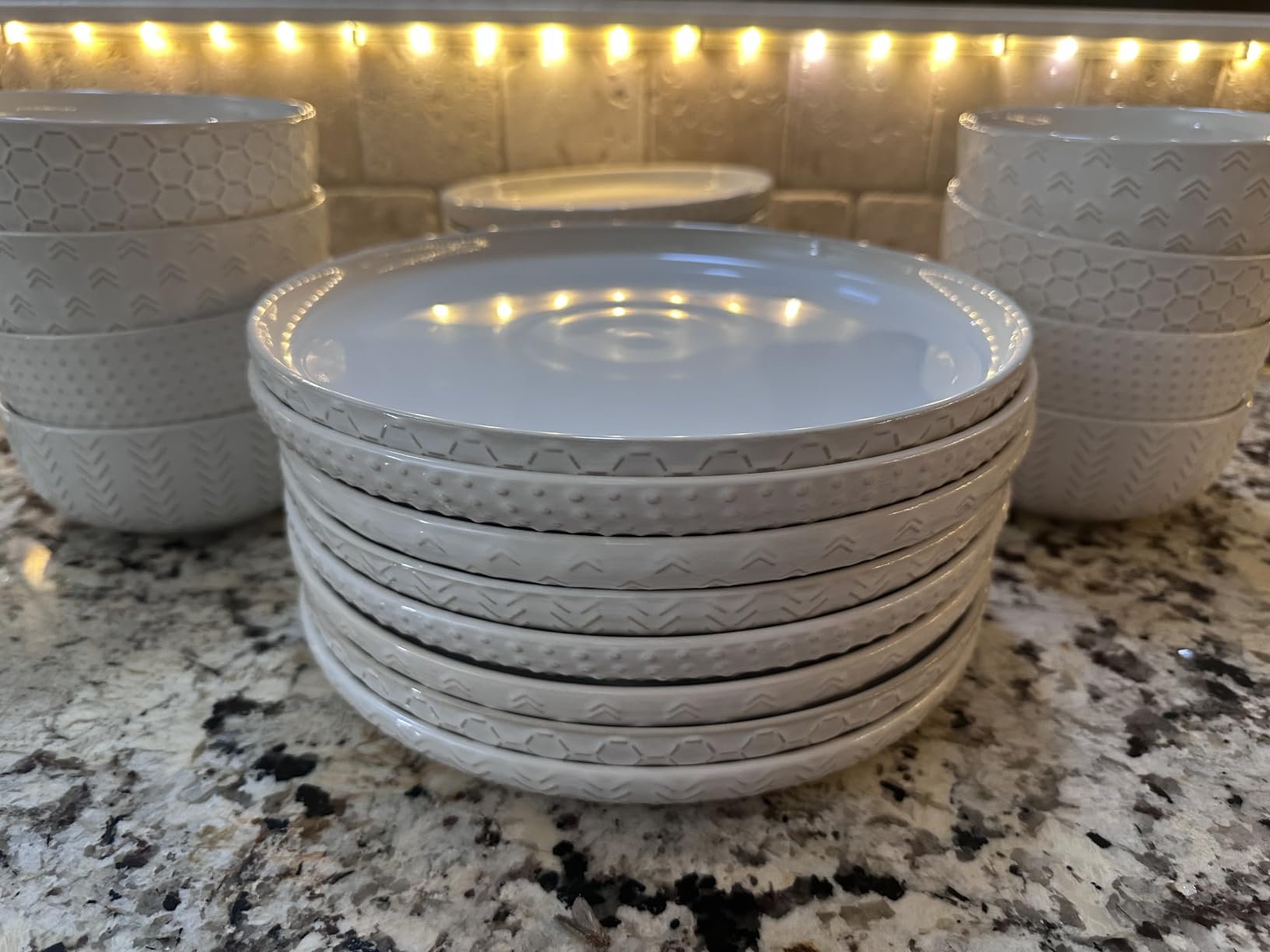 24 Piece Dinnerware Sets for 8 - Farmhouse Style Stoneware Plates and Bowls Sets - Scratch Resistant & Dishwasher Safe, Embossed Boho Ceramic Dish Set, Stack Compactly Dishware - Vintage White customer photo 1