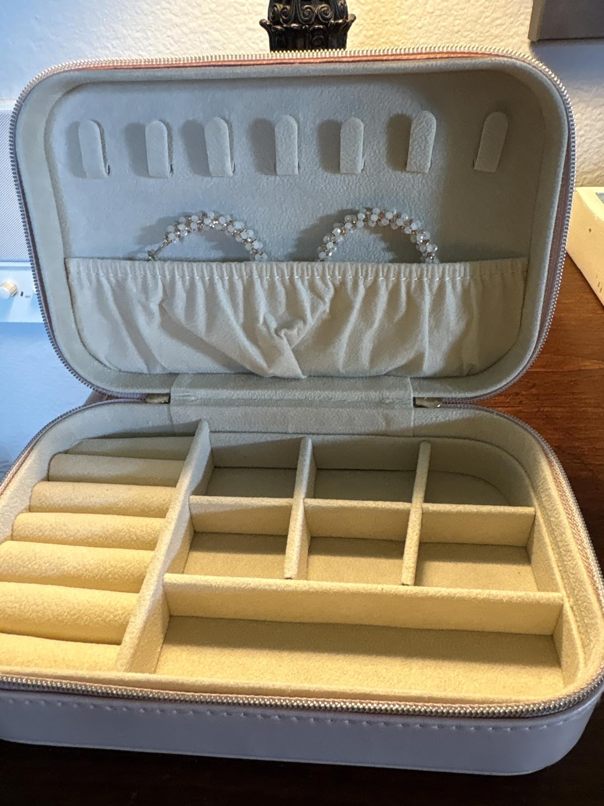 Lolalet Travel Jewelry Case for Women Girls, Travel Jewelry Organizer with Clear Storage Bag Small Portable Jewelry Box for Necklace Bracelet Earring Ring Valentines Bridesmaid Gifts -Medium/Beige customer photo 2