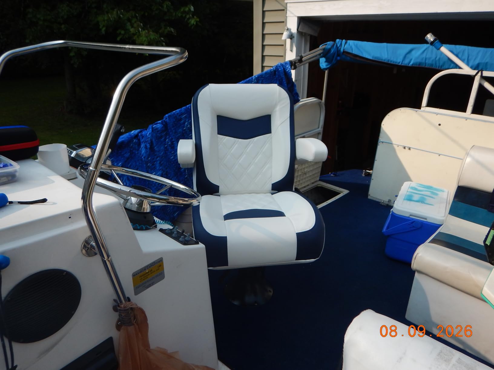 Premium Reclining Pontoon High Back Captain's Chair Boat Bucket Seat with Armrest, White/Navy Blue customer photo 1
