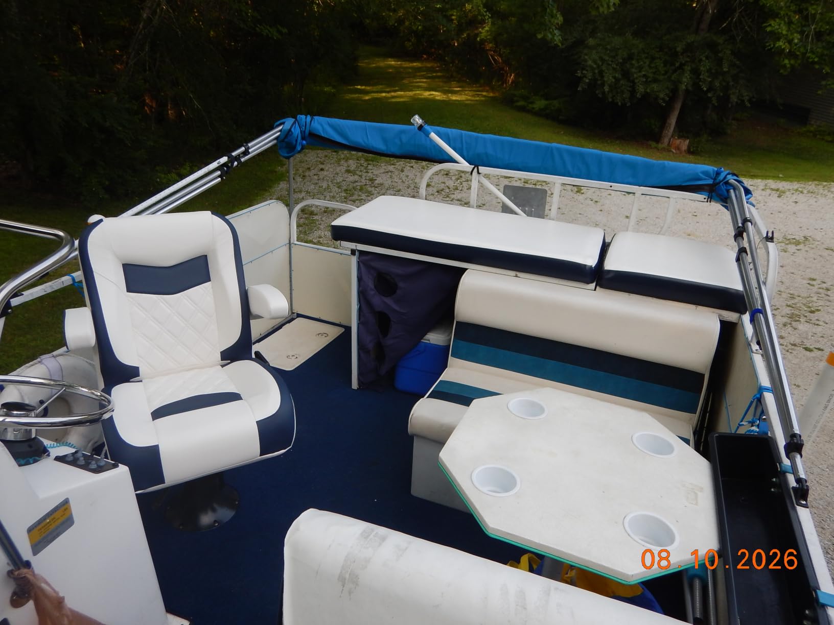 Premium Reclining Pontoon High Back Captain's Chair Boat Bucket Seat with Armrest, White/Navy Blue customer photo 2