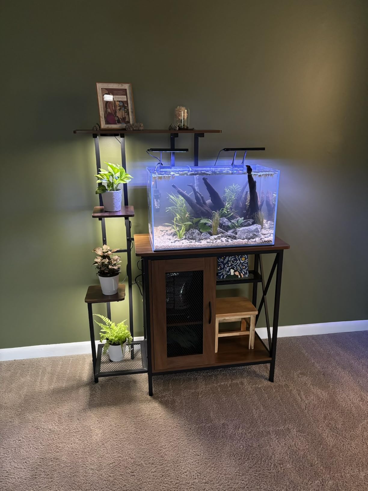 20-29 Gallon Fish Tank Stand with Plant Shelf, 2-in-1 Walnut Aquarium Stand | Built-in Power Outlet, Full Spectrum LED Grow Light, Adjustable Storage Shelves, Stable Metal Frame for Home Use customer photo 2