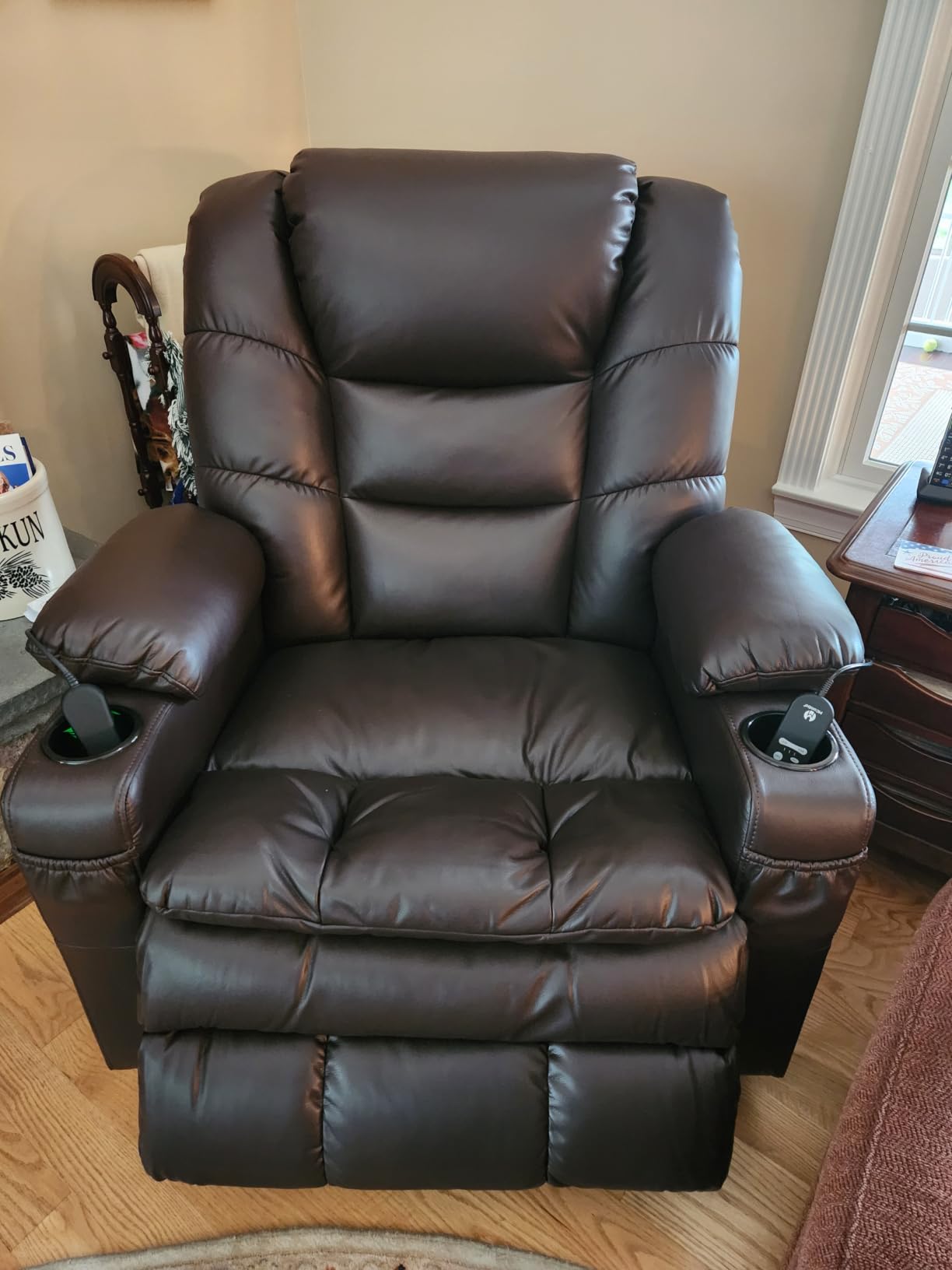 MCombo 3 Motor Power Lift Recliner, Heat and Massage, 7634, Large | Faux Leather, Dark Brown, Lay Flat, Sleep, Zero Gravity, Power Headrest, 4'7