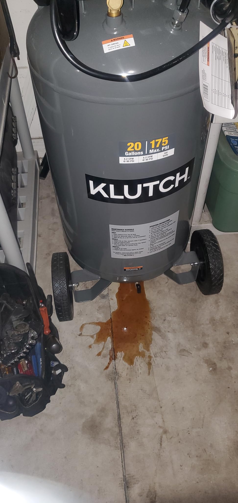 Klutch 20-Gallon Air Compressor, 2 HP, 120V, 175 PSI, 4.2 SCFM at 90 PSI | Oil-free vertical design, 75% duty cycle, Large wheels, Easy-access tank drain, Quick recovery for shop air tools customer photo 1