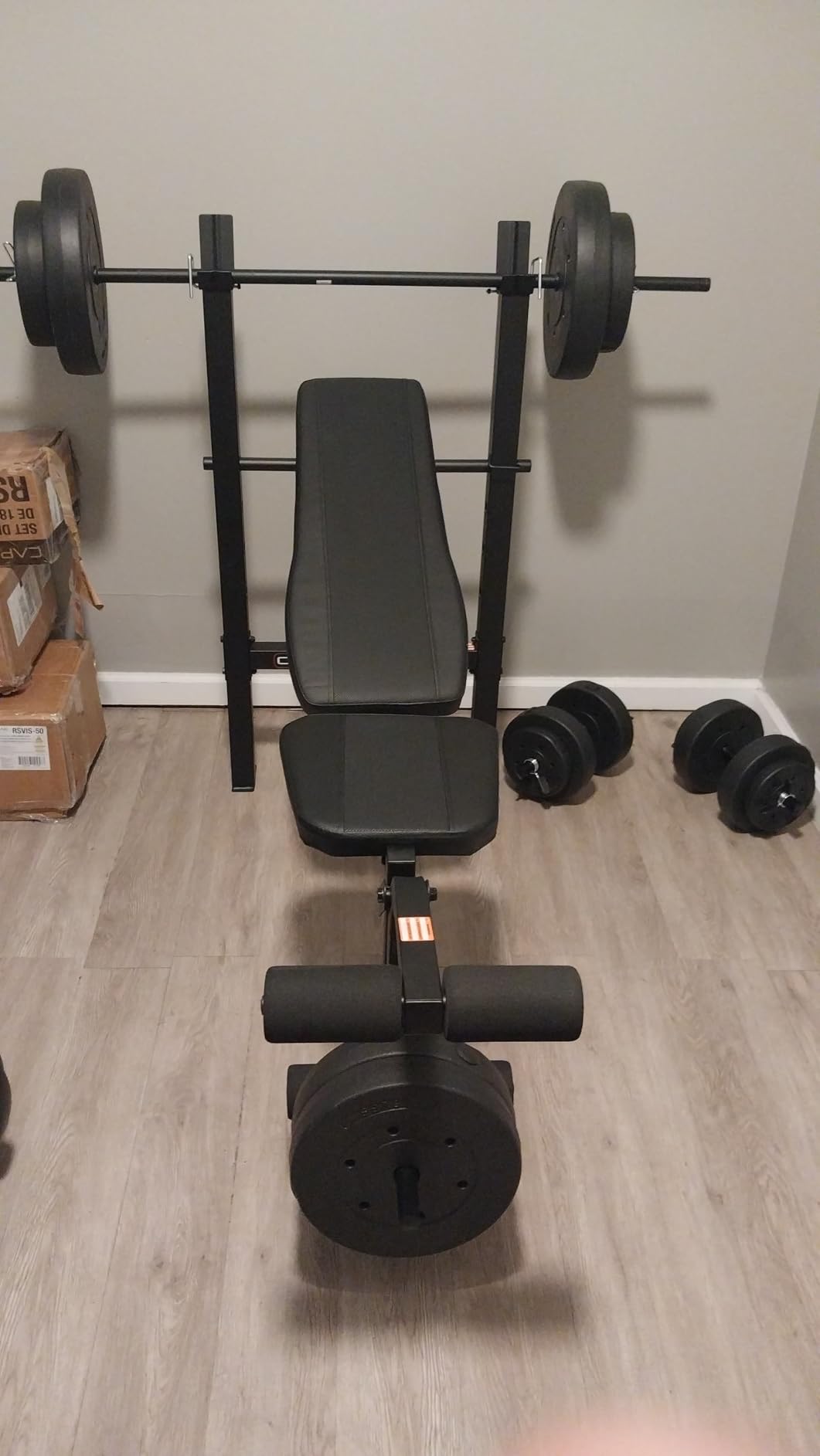 CAP Barbell Standard Weight Bench with Leg Developer and a 100 LB Vinyl Weight Set - Adjustable Backrest, Barbell, and Cement Plates for Home Gym customer photo 1