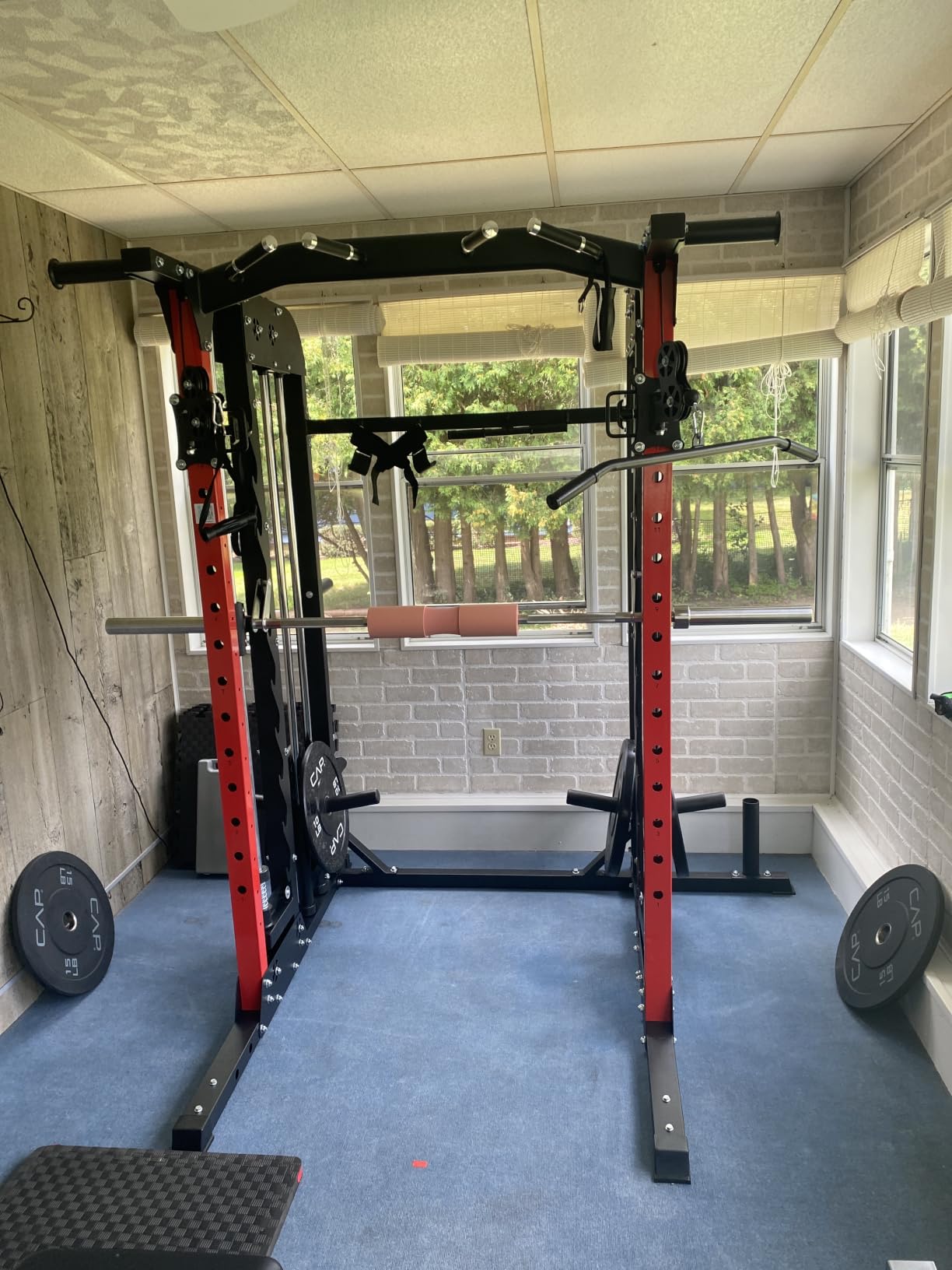 pooboo Power Cage Smith Machine with 2000LB Squat Rack Cable System | LAT Pulldown and Dual Pulley Cable Crossover with All-in-One Home Gym Machine, Adjustable Stations and Training Attachments customer photo 2