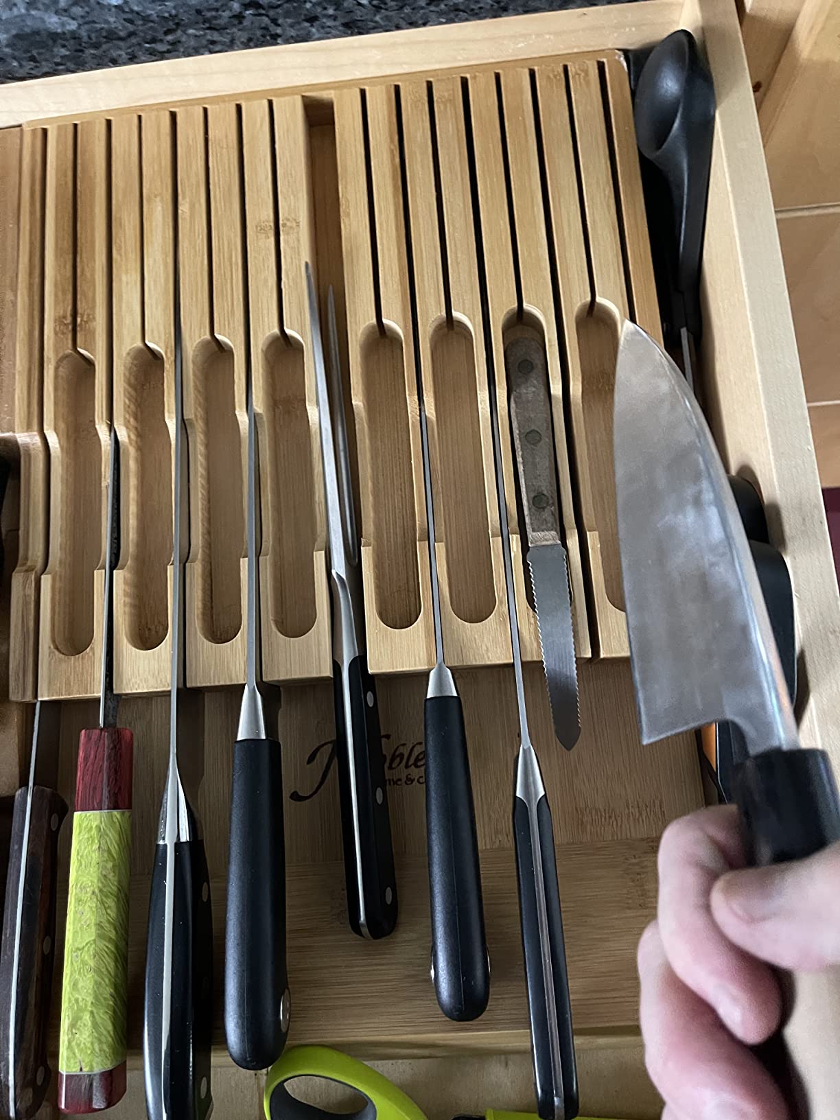 In-Drawer Bamboo Knife Block Holds 16 Knives (Not Included) Without Pointing Up PLUS a Slot for your Knife Sharpener! Noble Home & Chef Knife Organizer Made from Quality Moso Bamboo customer photo 1