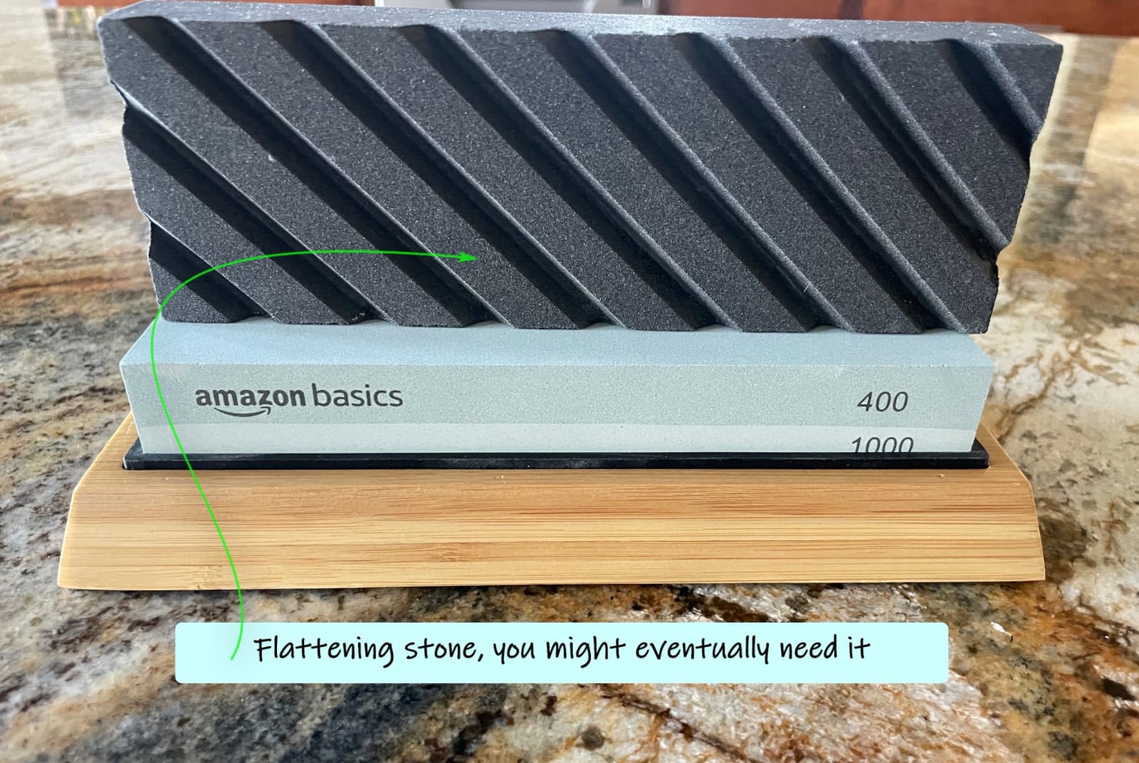 Amazon Basics Whetstone Knife Sharpening Stone Set, Double-sided 400/1000 and 3000/8000 Grit Stones, Flattening Stone with Angle Guide, Non-Slip Bamboo Base, 3 Count, Black & Grey customer photo 2