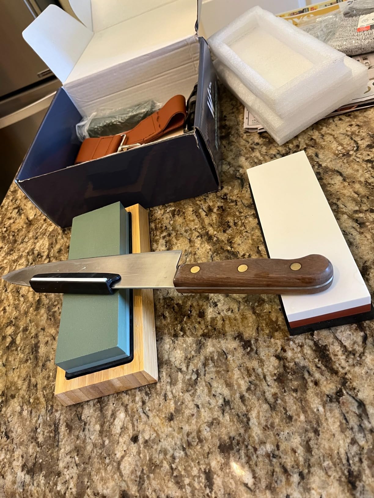 Knife Sharpening Stone Kit – 400/1000 3000/8000 Grit Wet Kitchen Whetstone Knife Sharpener Set with Non-slip Bamboo Rubber Base, Angle Guide, Flattening, Leather Strop and Cut Resistant Gloves customer photo 2