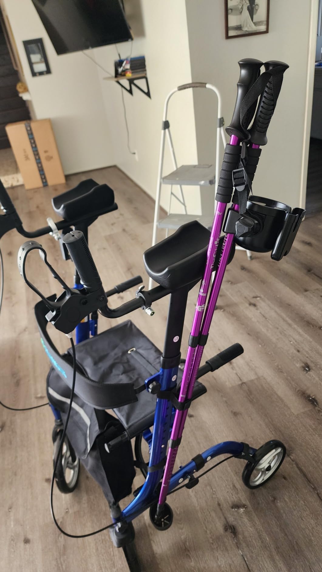 ELENKER Upright Walker, Stand Up Folding Rollator Walker Back Erect Rolling Mobility Walking Aid with Seat, Padded Armrests for Seniors and Adults, Blue customer photo 2