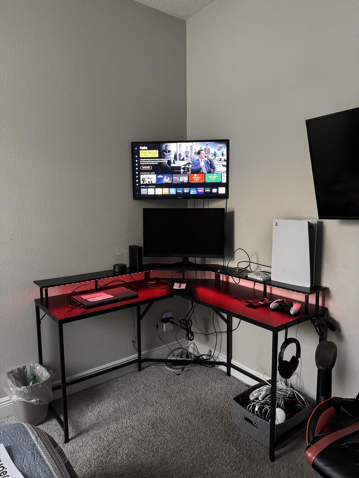 Huuger L Shaped Gaming Desk with Power Outlets & LED Lights, Computer Desk with Monitor Shelves, Home Office Desk, Corner Gaming Desk with Hooks, Black customer photo 2