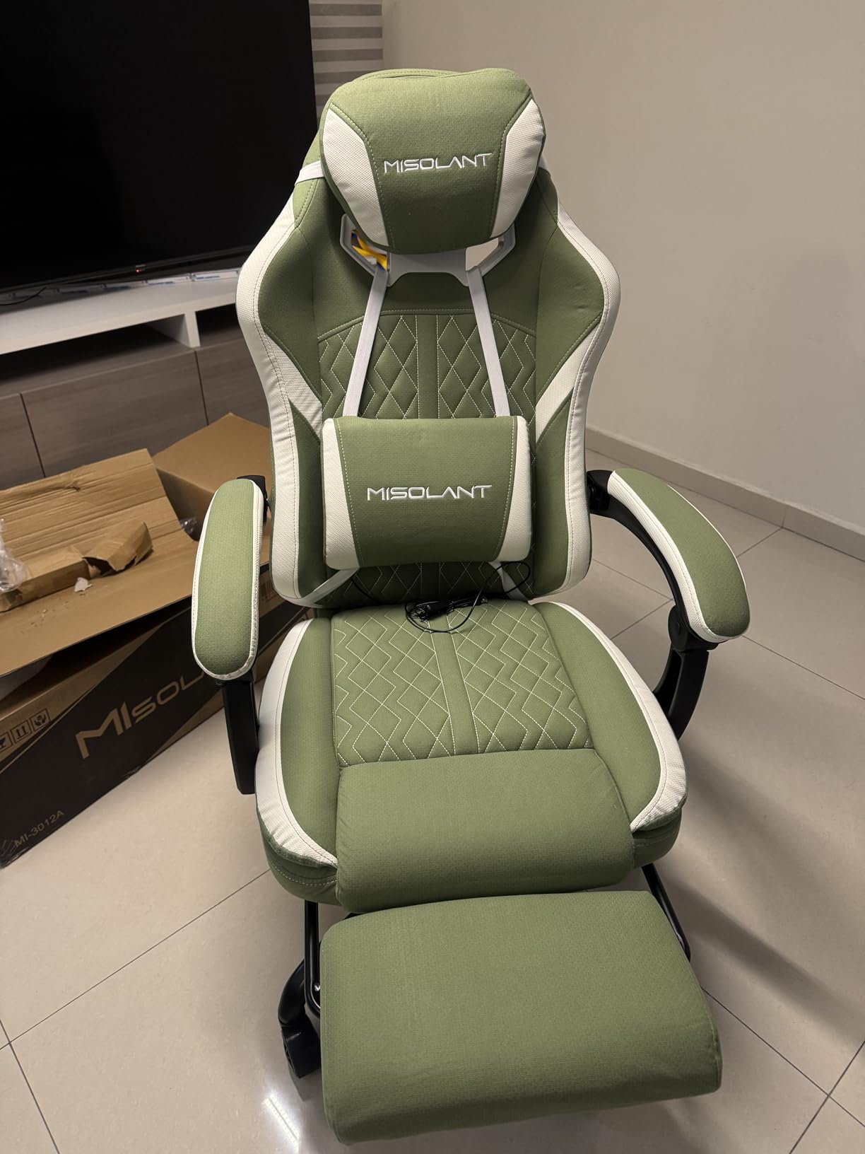 Misolant Gaming Chair, Fabric Gamer Chair with footrest for Adults, High Back Ergonomic Computer Game Chair with Adjustable Headrest and Massage Lumbar Support, 90-155° Recline Free, Gray customer photo 1